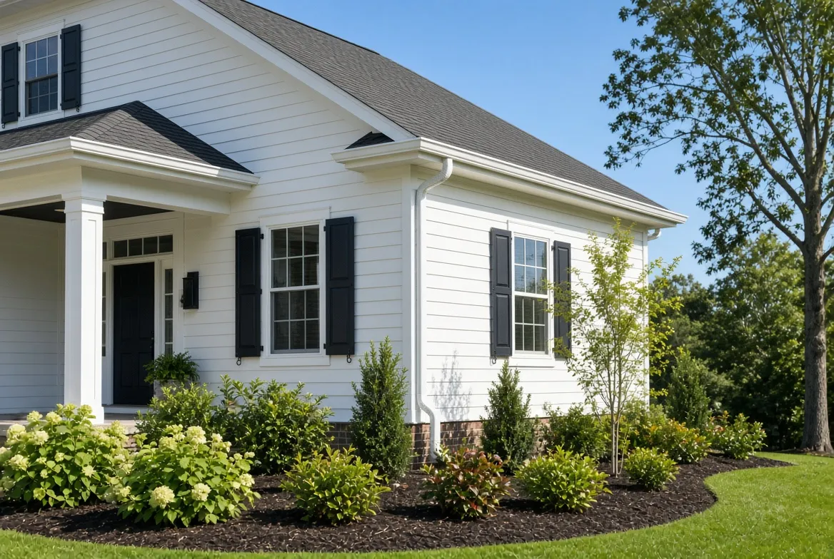 White farmhouse-style home with new white seamless gutters and fresh landscaping