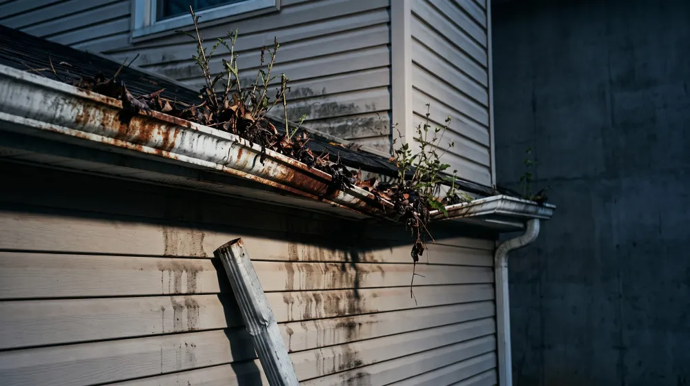 Rusted, sagging gutter with weeds growing out of it and a fallen downspout