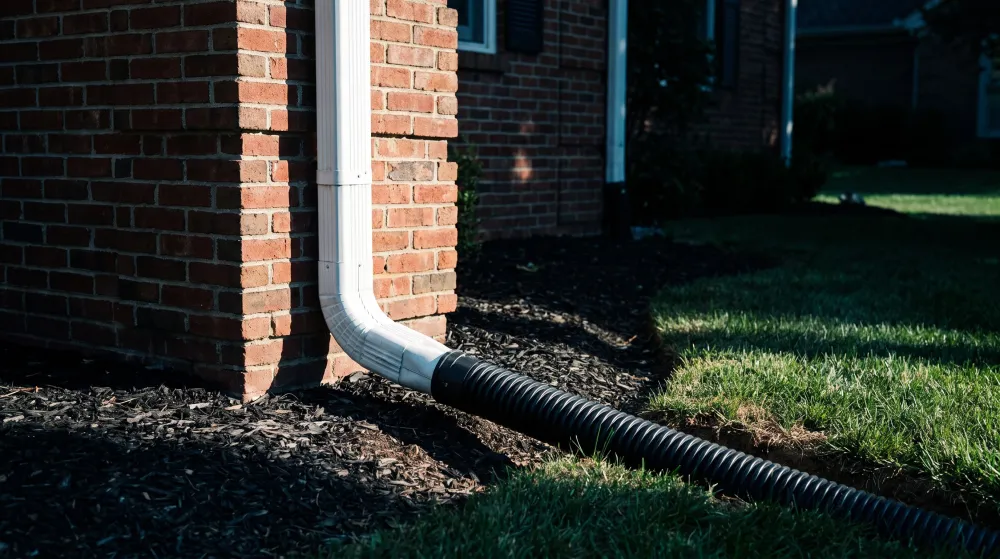 Downspout on a brick home routed into a corrugated drain line