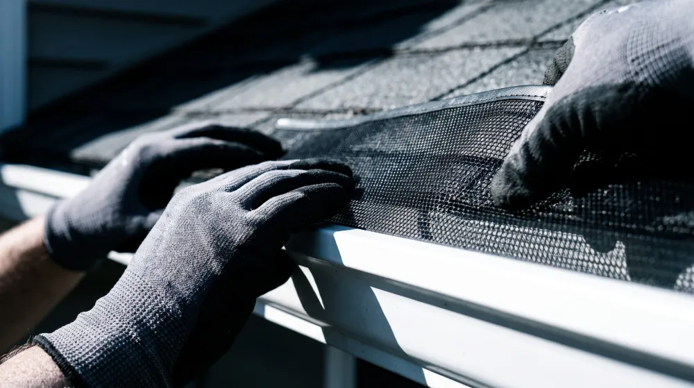 Gloved hands pressing mesh guard onto a gutter