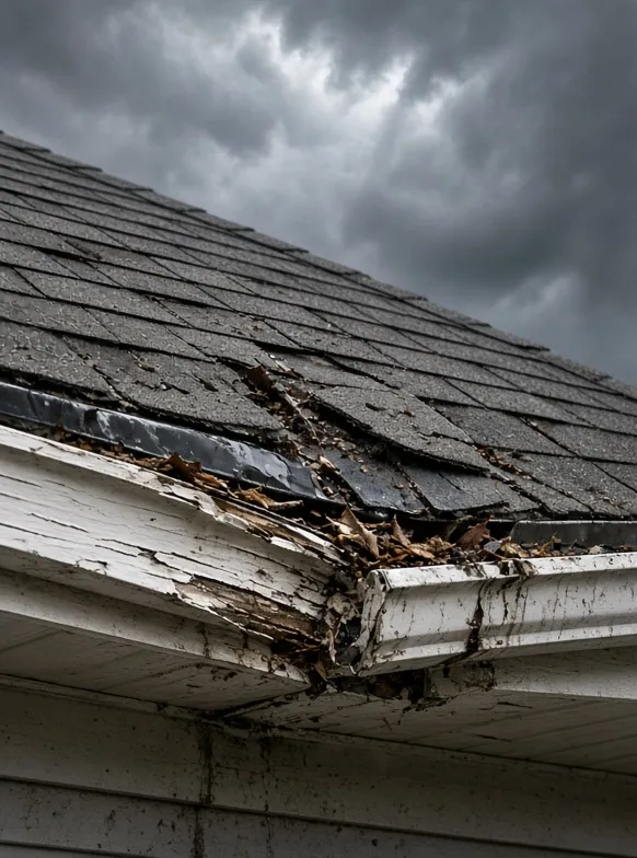 Storm-damaged roof edge and gutter under dark clouds